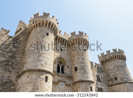 Front of the Grand Master of the Knights of Rhodes, a medieval castle of the Hospitaller Knights on the island of Rhodes, Greece.