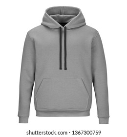 Front Of Grey Sweatshirt With Hood Isolated On White Background 