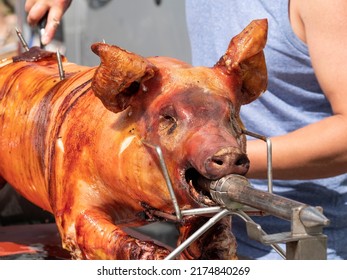 Front of a grilled suckling pig on a spit