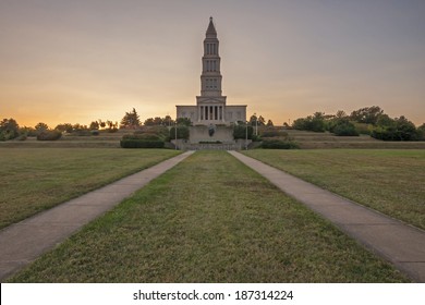 Front grounds on George Washington Masonic National Memorial during sunset in Alexandria, Virginia