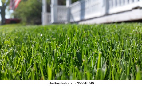 Front Lawn Of Colonial House With American Flag