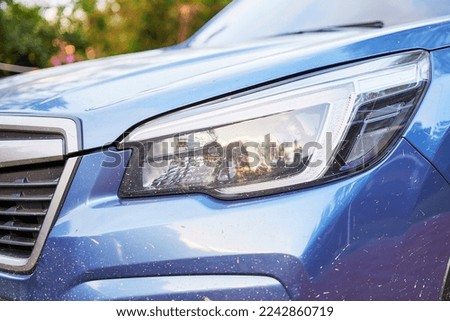 front light blue large pickup aggressive headlight dirty brown swamp drops dirty brown 400s last generation on cattle farm light green bushes out of focus modern gray edges firm curves