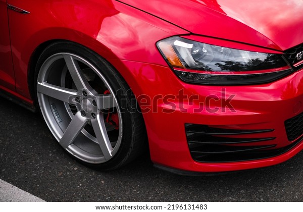 front light, body fender and wheel\
close-up of a Volkswagen Golf Odessa, Ukraine june\
2022