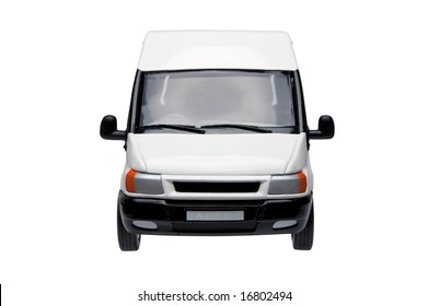 Front Of A Model White Van, Isolated On A White Bacjground With Clipping Path.