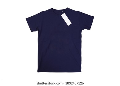 Front Navy Blue Tshirt With Label On White Background