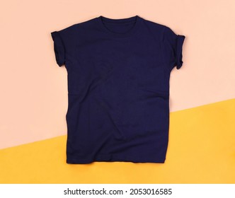 Front Navy Blue Tshirt Mockup On Pastel Background