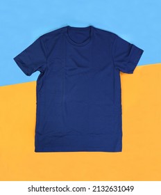 Front Navy Blue Tshirt Mockup On Pastel Background