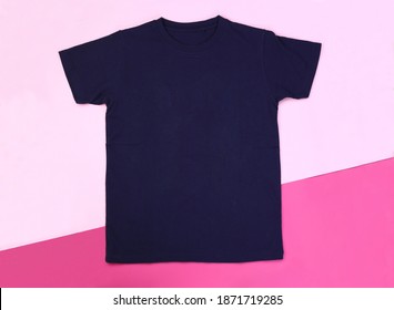 Front Navy Blue Tshirt On Pink Pastel Background