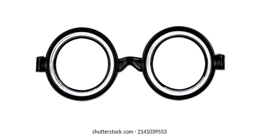 Front Of Nerdy Black Glasses With Thick Glass. Isolated On A White Background