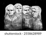 Front and night view of sculptures of four former USA president faces of Mount Rushmore for Seoul Lantern Festival at Cheonggyecheon Stream, Seoul, South Korea
