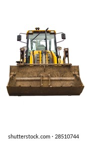 a front on image of a yellow rusty well used and worn jcb earth mover.