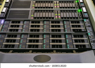 The front panel of hosting servers is in the datacenter. Modern hardware of the Internet provider.Computer hardware works in the server room.