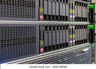 The front panel of hosting servers is in the datacenter.Computer hardware works in the server room. Modern hardware of the Internet provider.