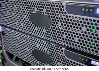 Front panel of powerful database servers. There is computer equipment in the server room of the data center.