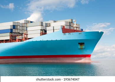 Front Part Of A Large Container Ship At Sea.