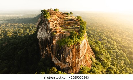 The front perspective of Lion Rock Sigiriya Sri Lanka in an amazing sunrise time. Made with a DJI Mavic 3 Classic drone.