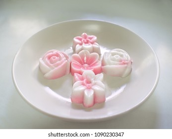 Front Of Pink Jelly Mould Flower Shap On Dish