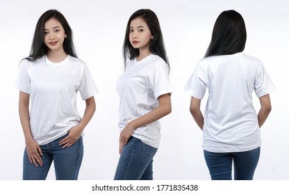 Front Portrait With Various Styles Of A Young Woman. Young Woman With A Blank White Tshirt, Front And Back Views, Isolated White Background With Cutouts. Design Templates And Women's Tshirt Mockups.