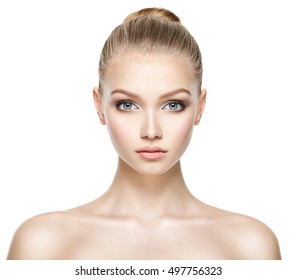 Front portrait of the woman with beauty face - isolated