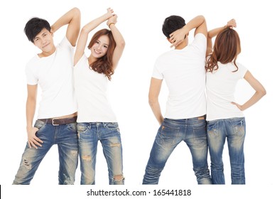 Front And Rear View Happy Couple With White T Shirt