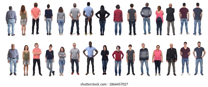 Front And Rear View Of Large Group Of Men And Women Wearing  Jeans And Standing On White Background