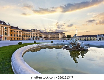 Front of the Schoenbrunn Palace in Vienna at sunset - Austria.
It is a former imperial summer residence and one of the most important cultural monuments and major tourist attractions in the country.