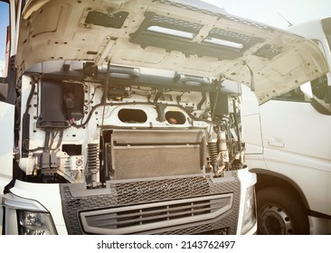 Front Of Semi Truck Engine Opening Hood For Maintenance And Repairing.	
