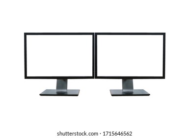 
Front Shot Of Dual Blank White Screen Display Computer Monitor Isolated On White Background