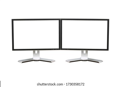 Front Shot Of Dual Blank White Screen Display Computer Monitor Isolated On White Background