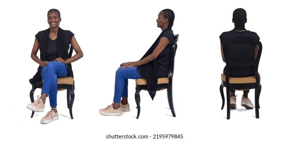 Front, Side And Back View Of Same Woman Sitting On Chair On White Background