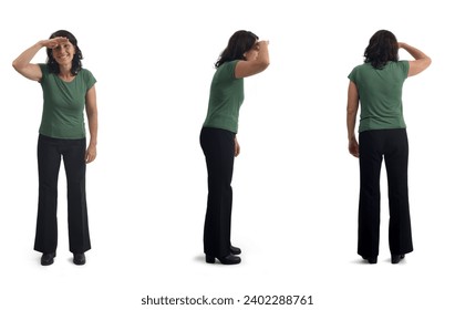 front side and back view of same woman with her hand on her forehead looking into the distance on white background
