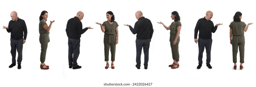 front side and back view of same woman and man showing an imaginary object in her hand on white background - Powered by Shutterstock