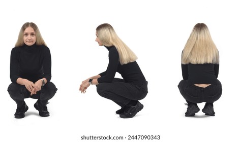 front, side and back view of the same woman squatting on white background