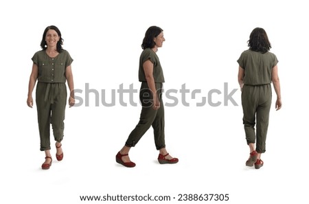 front, side and back view of same woman walking on white background
