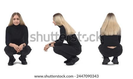 front, side and back view of the same woman squatting on white background