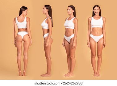 Front, side and back view of slim lady in underwear posing on beige studio background and demonstrating perfect body shape, collage, banner for slimming concept