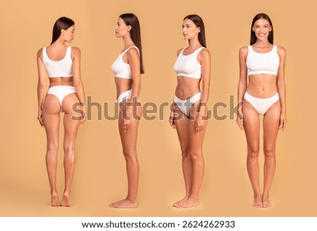 Front, side and back view of slim lady in underwear posing on beige studio background and demonstrating perfect body shape, collage, banner for slimming concept