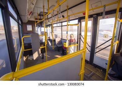 Front Side Of Modern City Bus With Central Doors. Wide Angle Shot