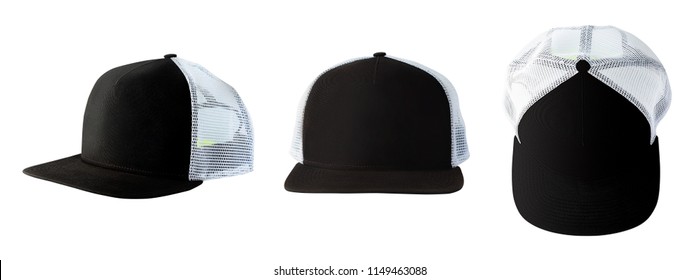 Front, Side And Top Views Of Black Baseball Cap Or Trucker Hat Isolated On White Background