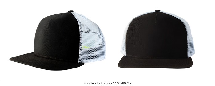 Front and side view of black baseball cap or trucker hat isolated on white background