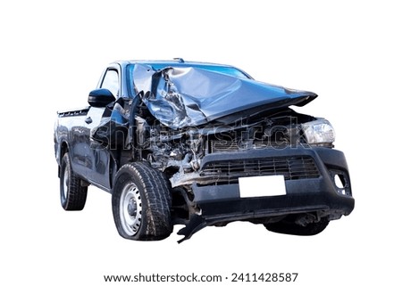 Front and Side view of black pickup truck car get damaged by accident on the road. damaged cars after collision. isolated on white background with clipping path, Car and casualty insurance