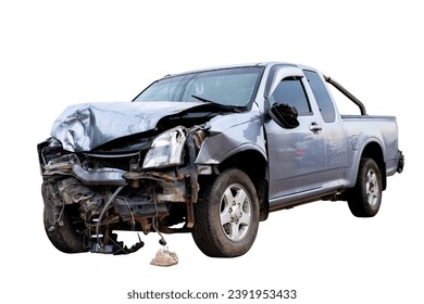 Front and Side view of bronze pickup car get hard damaged by accident on the road. chapped cars after collision. isolated on white background with clipping path include