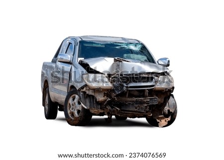 Front and Side view of bronze pickup car get hard damaged by accident on the road. chapped cars after collision. isolated on white background with clipping path include