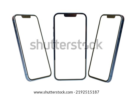 Front and side view of empty screen smartphone isolated on white background with clipping path, smartphone mock up for advertisement