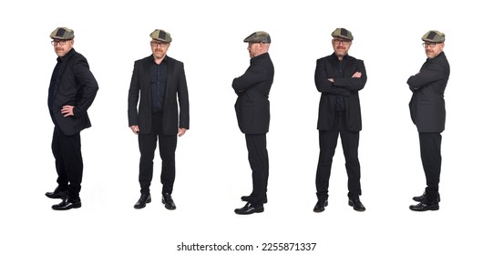 front and side view of a group of same man with suit and cap on white background - Powered by Shutterstock