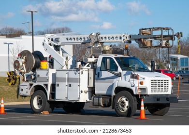 Front And Side View Of Parked Communication Utility Trucks In Residential Neighborhood Electrical Street