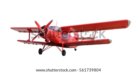 Front side view of red airplane biplane with piston engine and propeller. Isolated on white background 