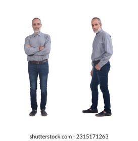 front and side view of same middle aged man standing on white background