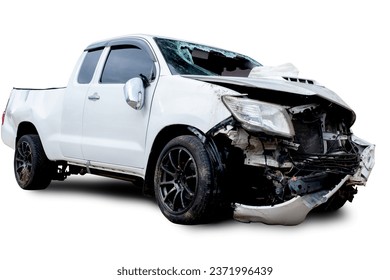 Front and Side view of white pickup car get damaged by accident on the road. damaged cars after collision. isolated on white background with clipping path include