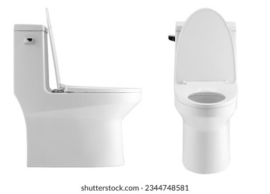 Front and side view of white toilet bowl with lid open on white background